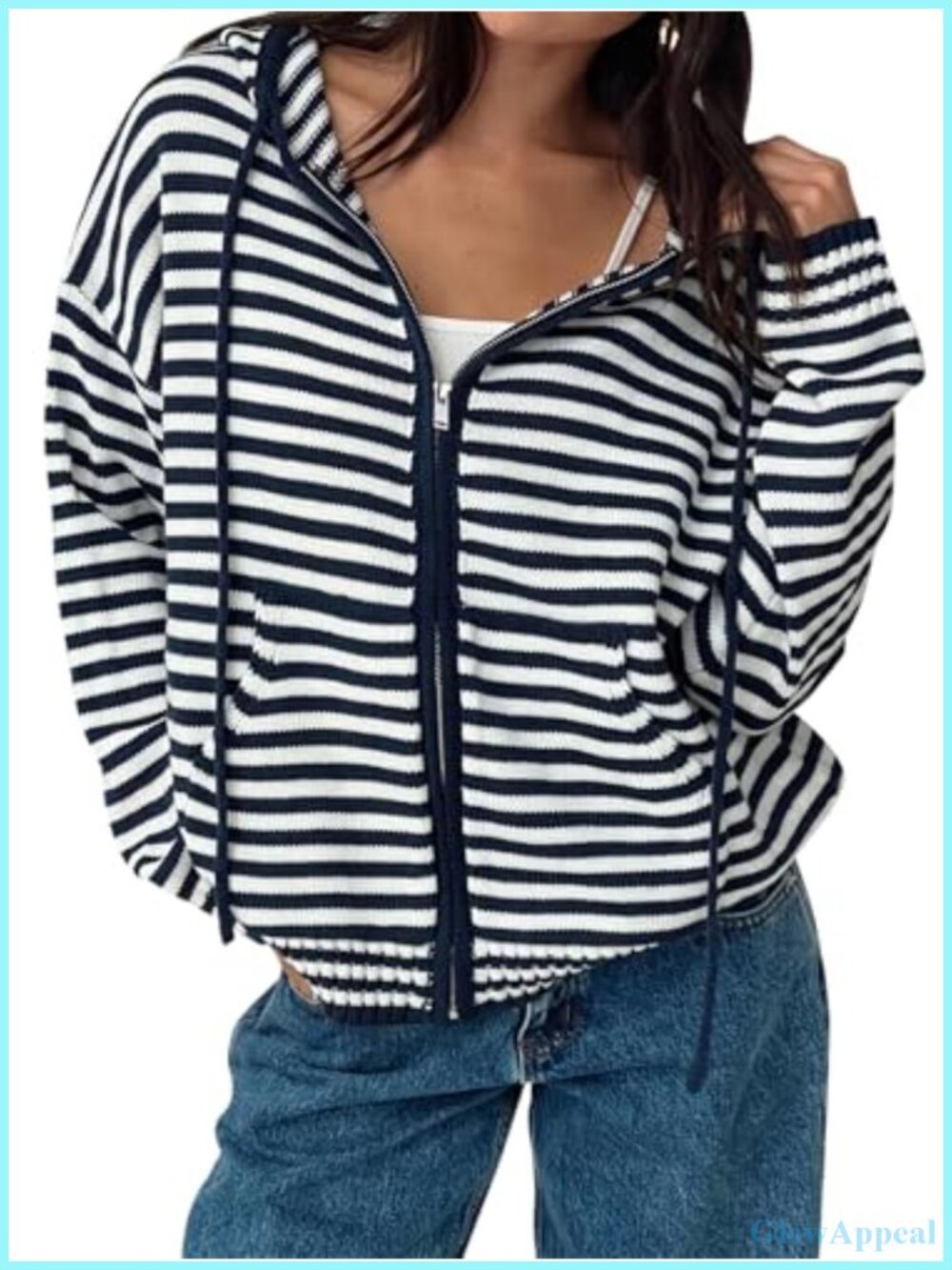 Oversized Striped Zip Hoodie Cardigan Crop Sweater